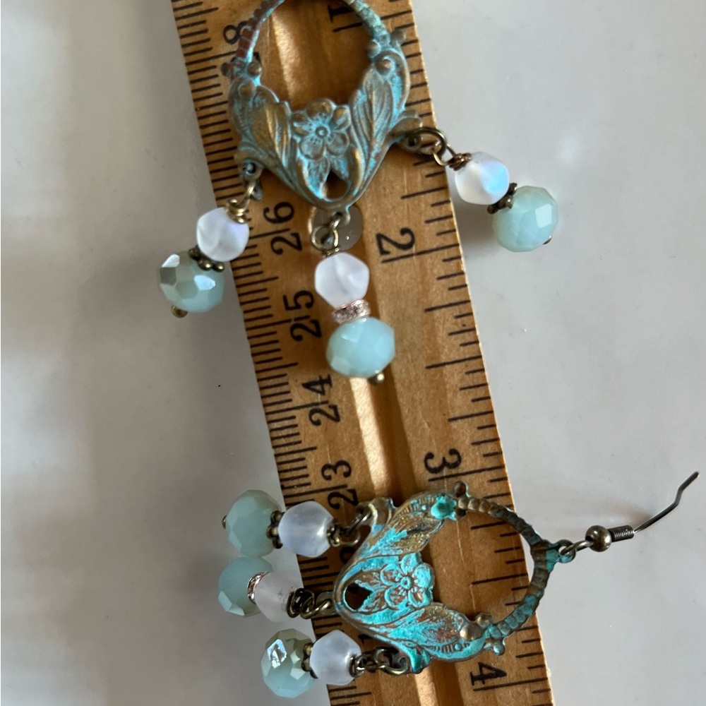Art Nouveau Style Verdigris Earrings Czech Glass Drops - Picture 10 of 15